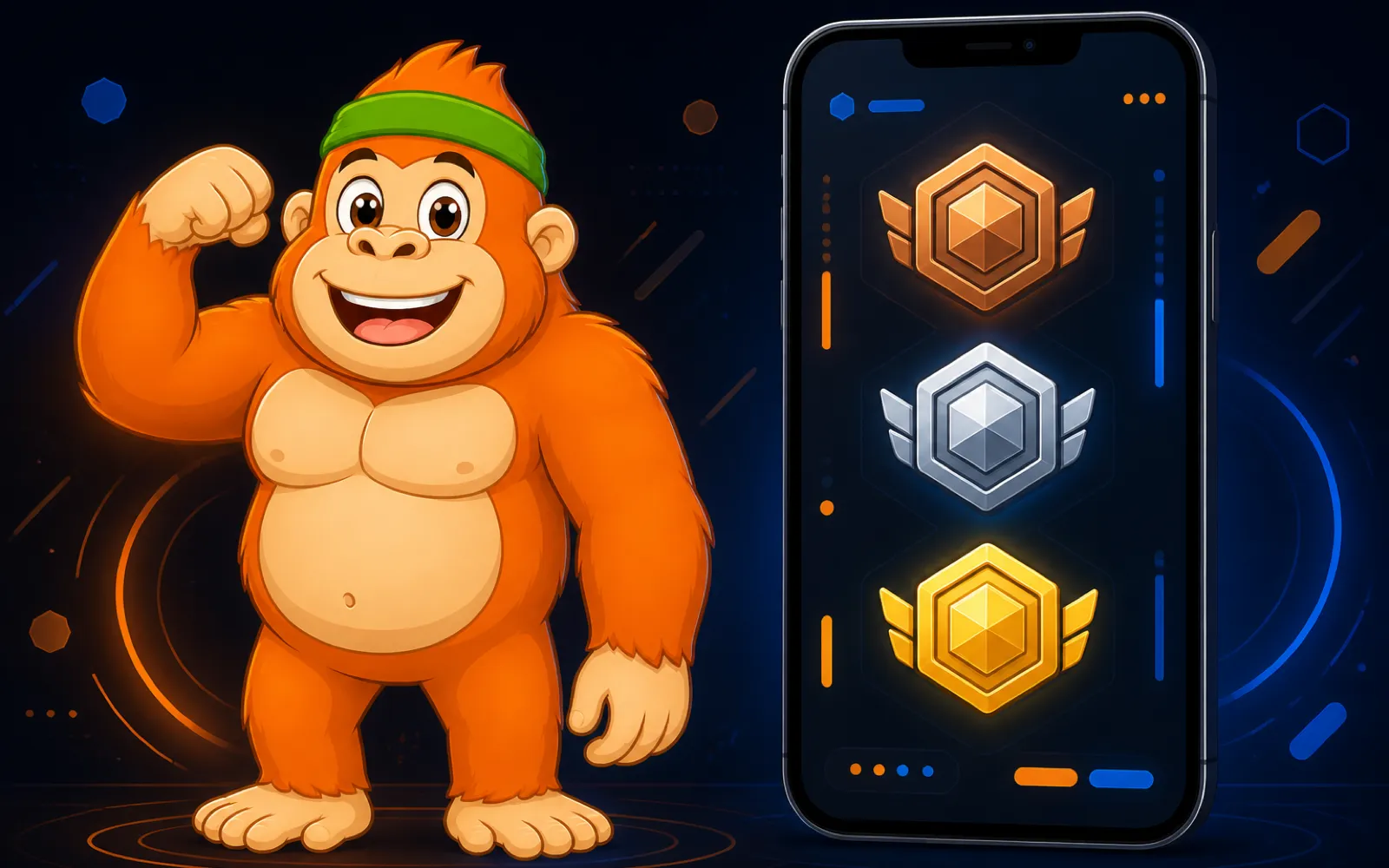 Barry, the orange gorilla mascot of Gym, flexing next to a phone that shows Bronze, Silver and Gold rank medals